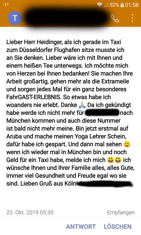 Kunden LOB Danke SMS Achim Heidinger taximuc.de